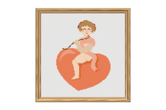 Download Vintage Cupid Angel Sitting on Top of Heart Cross Stitch Pattern - Premium Bundle