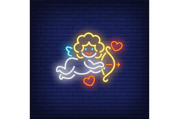 Download Funny Cupid Angel Neon Sign. Glowing Ang - Premium Resources